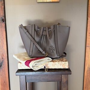 Tory Burch Dragonfly Drawstring Taupe Pebbled Leather Satchel Bag